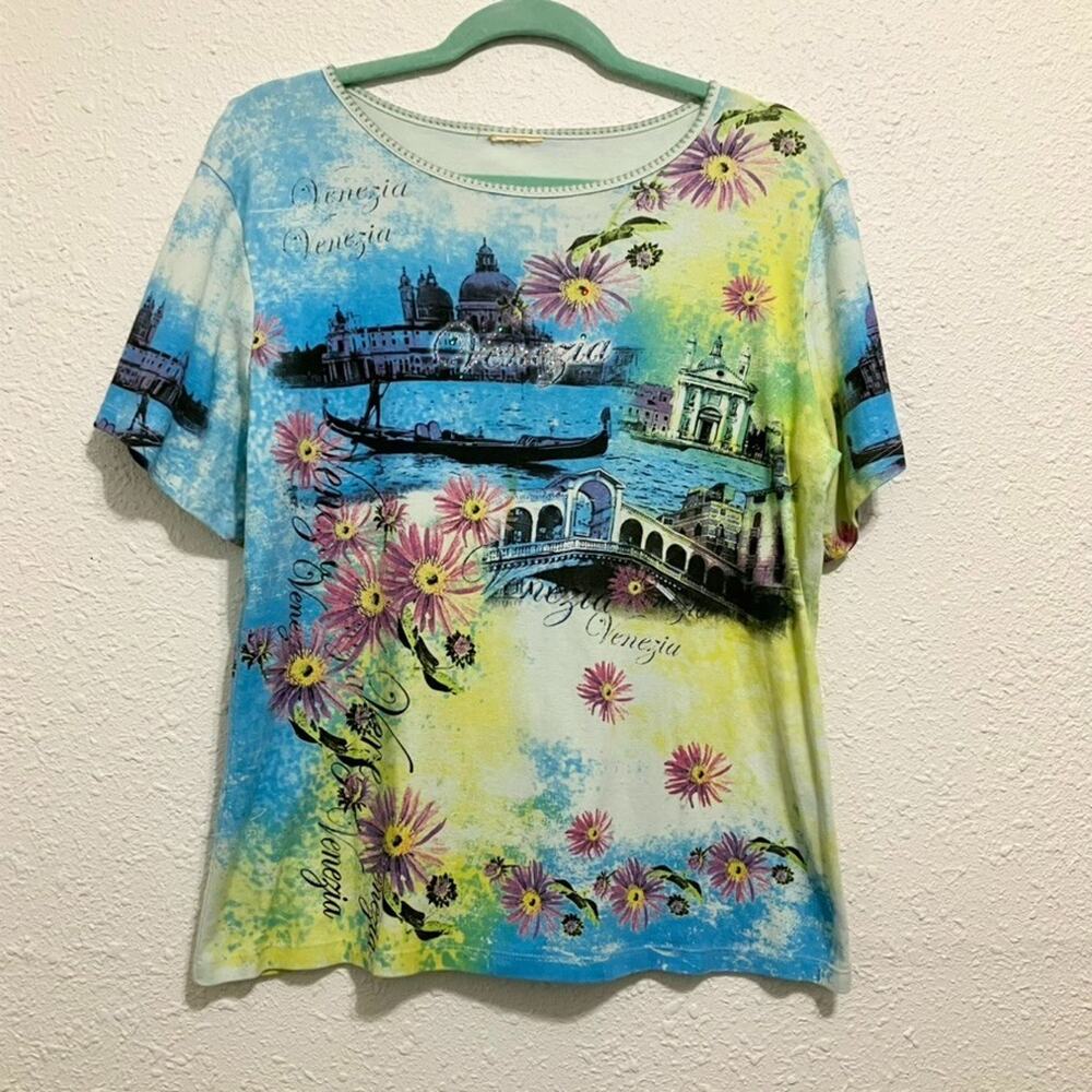 Y2K Venezia Italy Gondola Rialto Rhinestone Art Colorful Floral Graphic Top M/L